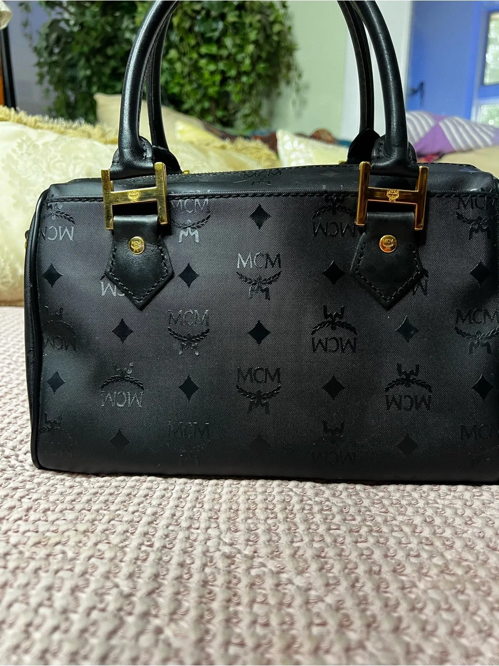 Vintage MCM München Black Visetos Boston Satchel Crossbody Bag